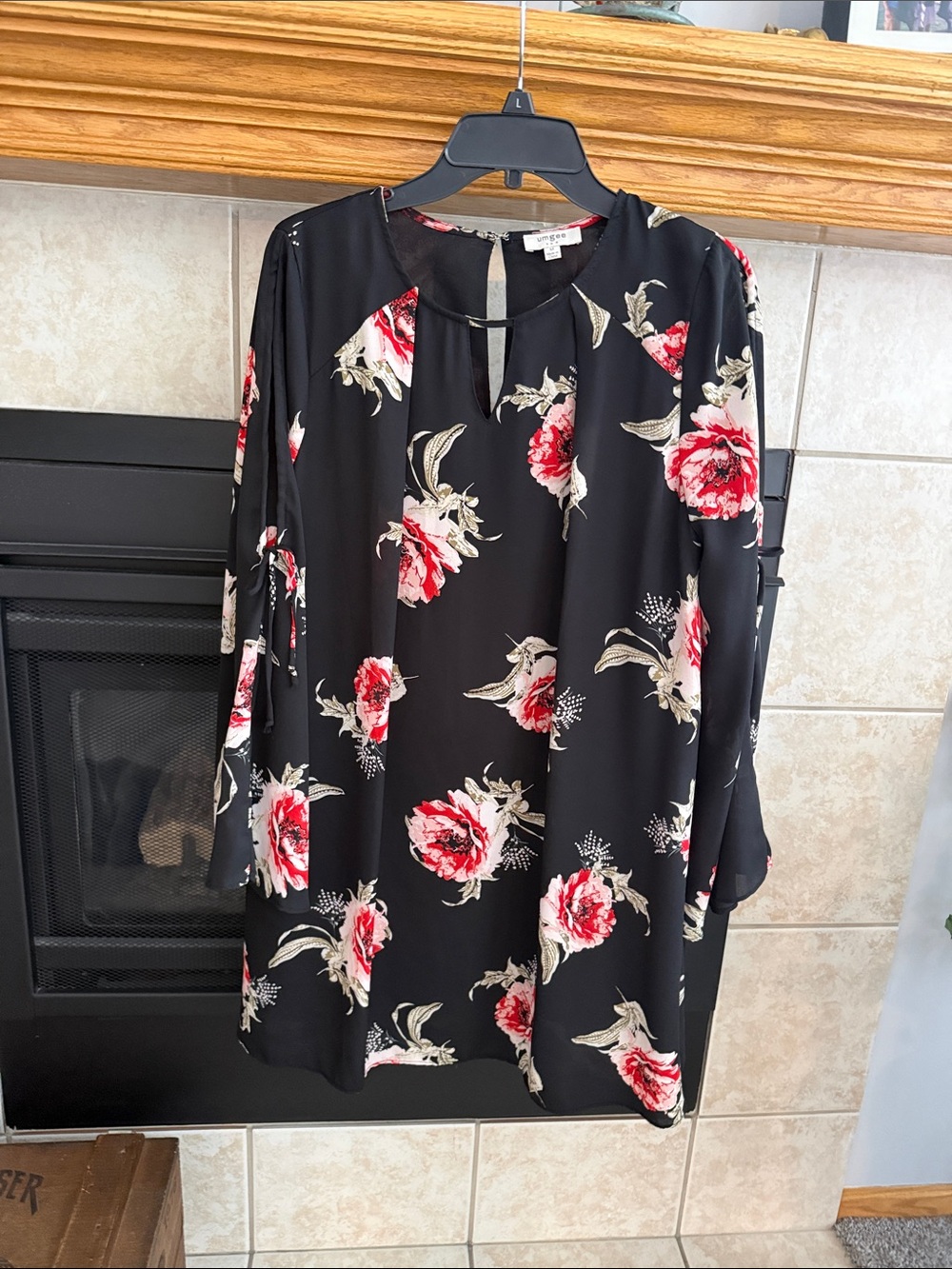 Umgee Black Tunic Dress with Pink and Cream Floral Print